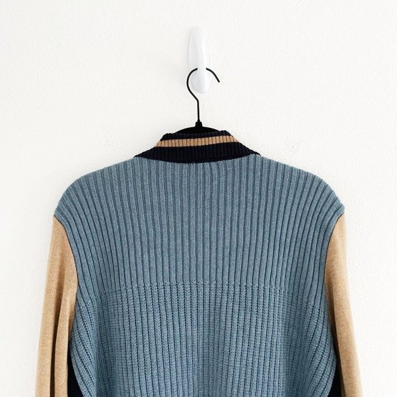 Cabi Turn Back Cardigan Sweater Open Front Medium Academia Navy Tan Chunky Knit - Picture 8 of 16